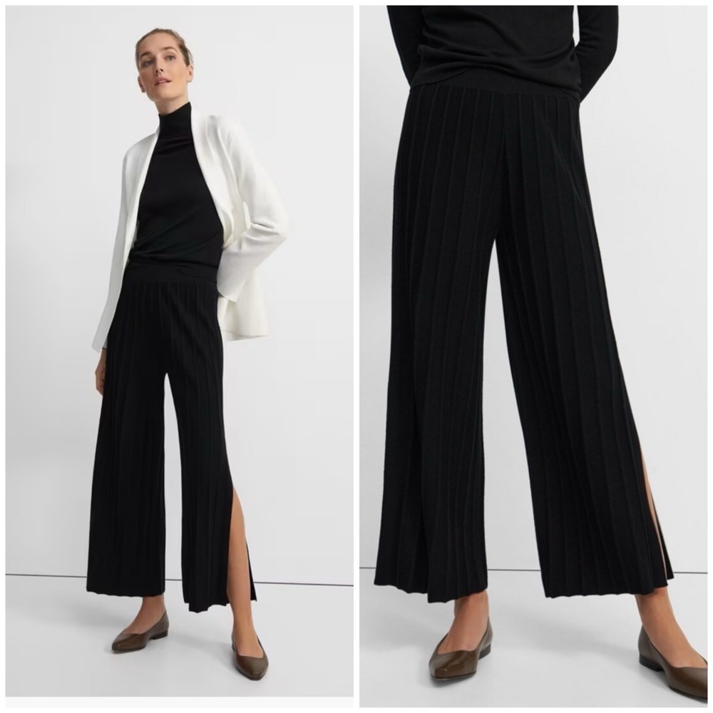 Theory / Nwt Wide Rib Wide Leg Knit Pant Empire Wool Black M Medium